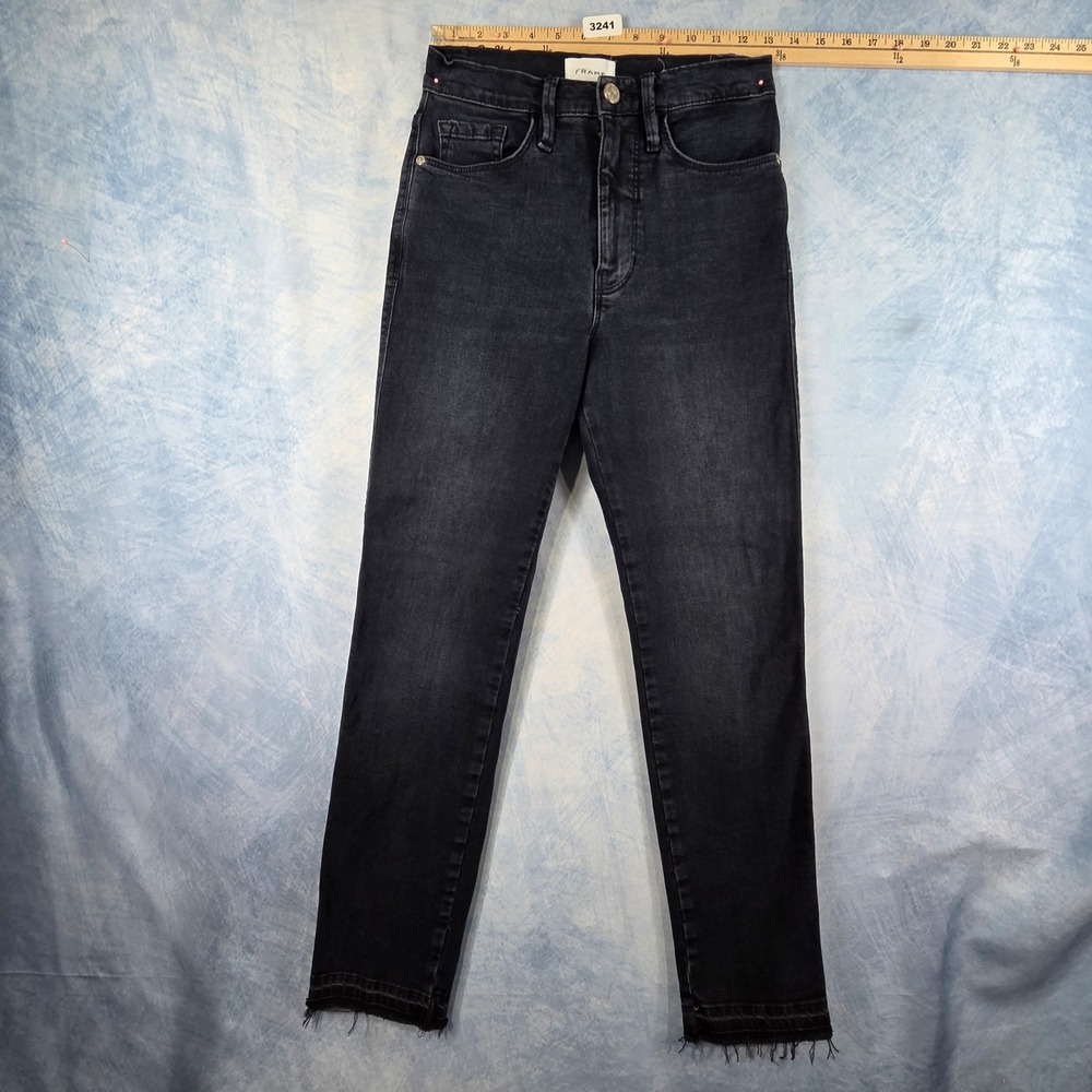 FRAME Le Sylvie Slender Straight Jeans Plymouth Black Grey Raw Hem 27 LSYRH722